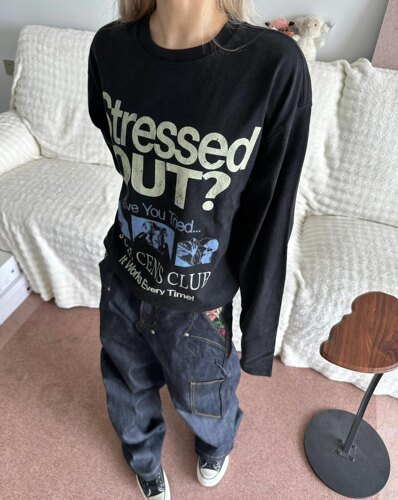 TSAOOJ秋冬复古做旧字母印花白墨数码直喷重磅纯棉打底衫男女同款 - 图1