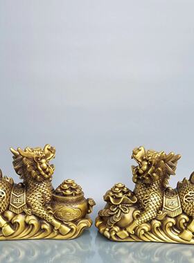 批发黄铜麒麟一对摆件黄铜聚宝盆麒麟摆件办公家居工艺品一件代发