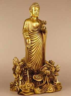 黄铜如来佛祖摆件家居供养莲花祥云立佛释迦摩尼佛大日如来铜佛像