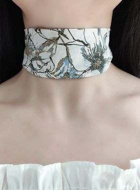 气质颈带宽边遮颈纹脖饰水墨画风挡脖子疤痕配饰柔软脖圈护脖装饰