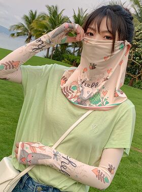 冰丝防晒面纱女夏季透气面罩全脸护颈防紫外线袖套遮面薄款女挂耳