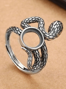S925银复古小暗黑蛇戒指女皇中国风个性小众圆形戒指空托配件