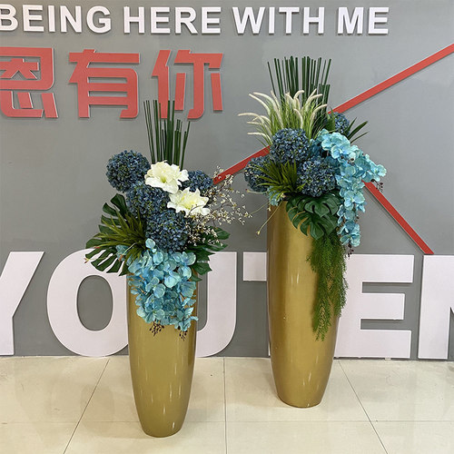 酒店大堂落地大花瓶金色旋转门橱窗装饰花艺摆件客厅商场仿真插花 - 图2