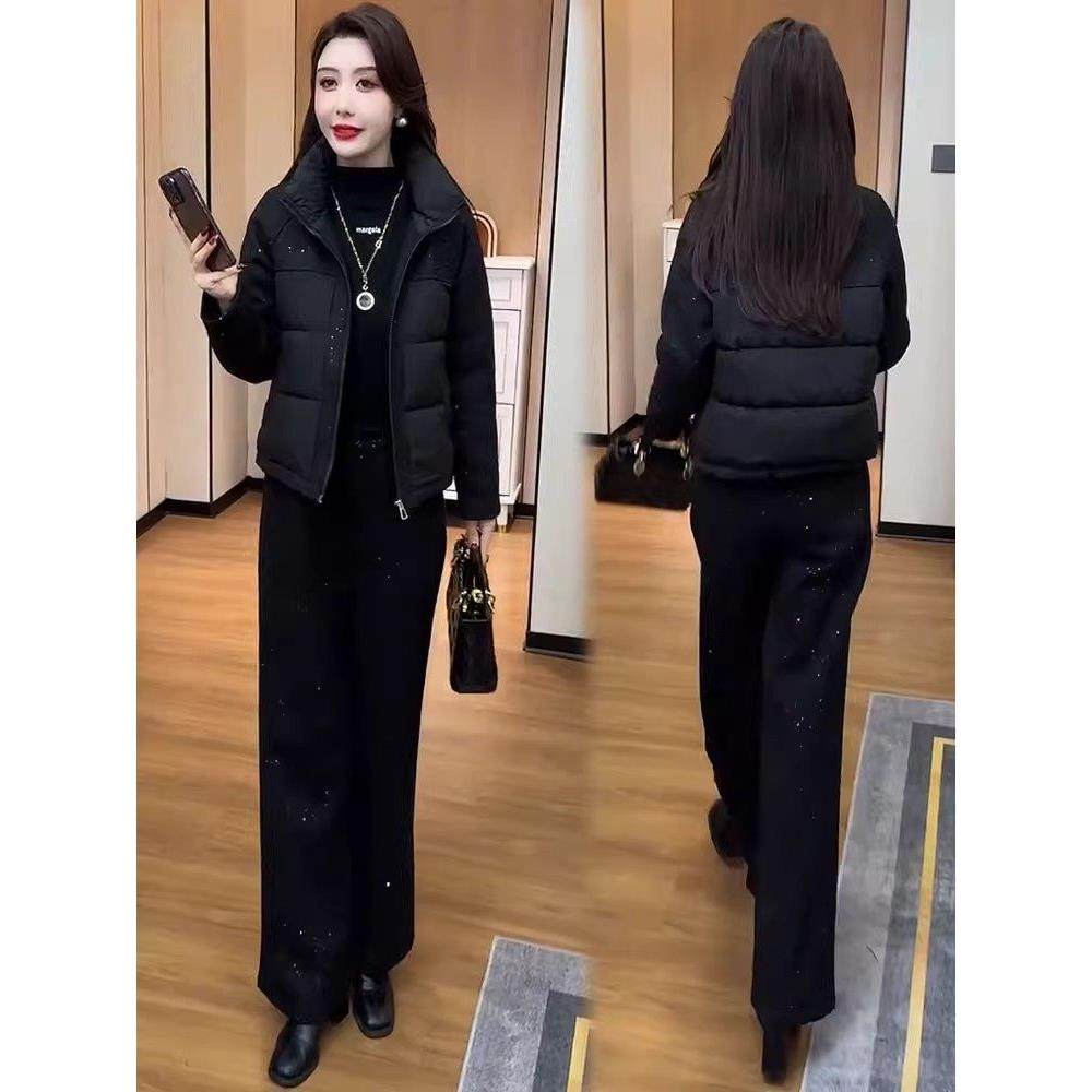 香港代购时尚休闲套装女冬季新款毛呢拼接棉衣外套阔腿裤两件套潮,淘宝优惠券,粉丝福利购,淘宝优惠卷