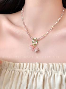 夏日花园~施家珍珠花朵粉水晶项炼女森系串珠锁骨炼甜美颈炼配饰
