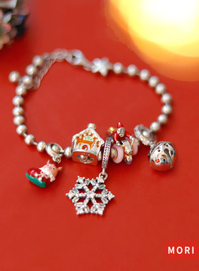 猫哩卟卡通小猪圣诞袜雪花925银串珠节日beads铃铛手链手镯珠子女