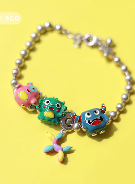 猫哩卟粉色独眼怪兽萌趣925银串珠卡通beads珠子DIY手链手镯彩珠
