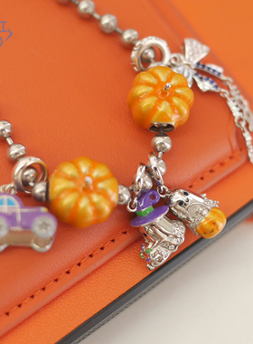 猫哩卟万圣节925银南瓜鬼魂紫色汽车紫蝴蝶串珠神秘搞怪创意手链