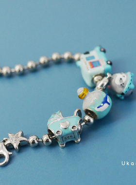 小众蓝色系卡通纯银散珠饰品手链