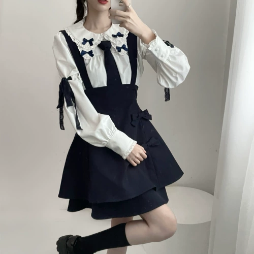 Весенняя рубашка с бантиком, мини-юбка, комплект, высокая талия