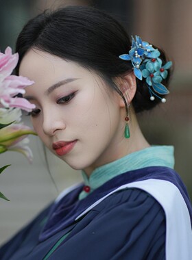 水舞U2569汉服缠花蓝色花朵发夹头饰古风手工百搭超仙写真发饰品
