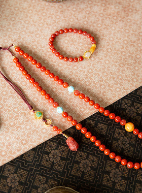 水舞 L1281天然满肉南红项链转运珠锁骨链本命年好运柿子红毛衣链