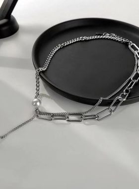 珍珠链条流苏拼接项链女小众不对称锁骨链冷淡风个性简约百搭颈链