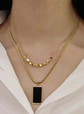 2024新款几何黑色方块项链轻奢欧美个性时尚简约冷淡风双层配饰潮