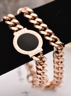 精品钛钢时尚夸张镀玫瑰金粗链圆牌手链女潮手环两用欧美首饰品