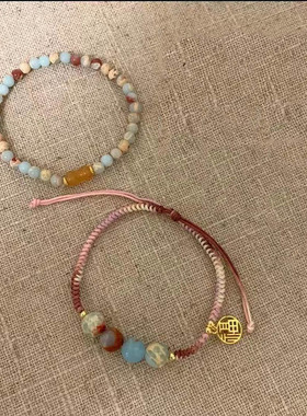 新中式寿山石串珠手链女复古竹节手串轻奢高级感手工编织福牌手饰