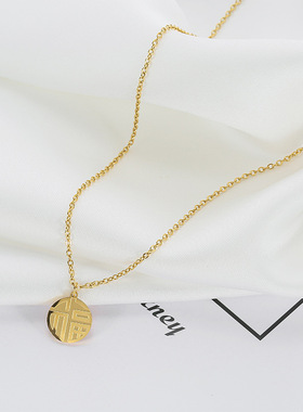 中国风福字钛钢项链女短款毛衣链复古风圆牌颈链冷淡风小众配饰品