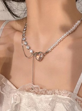 粉宝石爱心流苏珍珠项链小众设计感简约锁骨链ins轻奢风项饰品女
