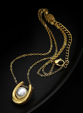 欧美轻奢珍珠项链女小众设计金色U形吊坠时尚气质冷淡风锁骨细链