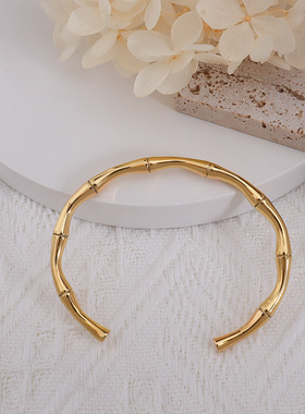 欧美简约百搭复古竹节开口手镯女竹子手环饰品钛钢镀18k金冷淡风