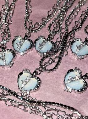 「日落派对」分裂爱心多层闪钻锆石宝藏项链女甜酷气质高级锁骨链