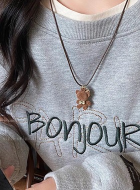 可爱咖色毛绒小熊吊坠项链秋冬