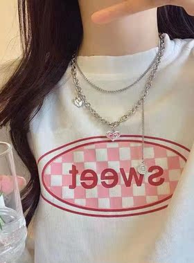 甜酷粉色爱心项链小硬币双层流苏叠戴小众设计ins嘻哈个性锁骨链