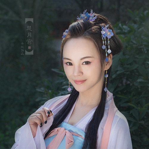 原创设计古风汉服仙气头饰套装紫色梦幻少女古典古装对夹发冠发饰 - 图0