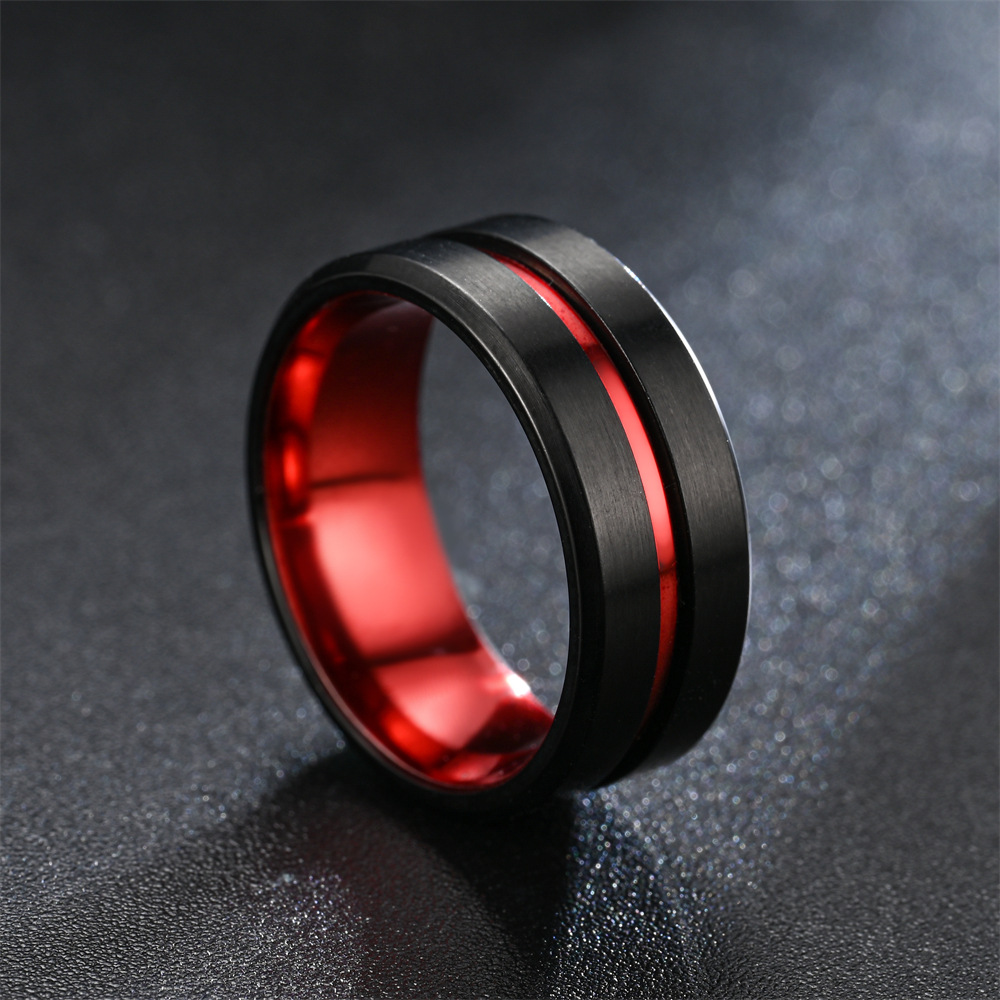 Fashion 8mm Red Groove Beveled Edge Black Tungsten Wedding - 图3