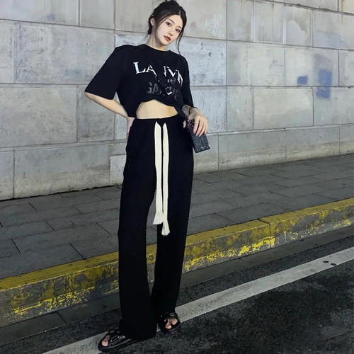 不起球 坠感慵懒运动遛弯裤编织抽绳垂感裤休闲卫裤面条裤子女夏 - 图2
