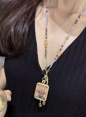 藏式热贡手绘描金时来运转多金女神扎基拉姆吊坠项链护身女士随身