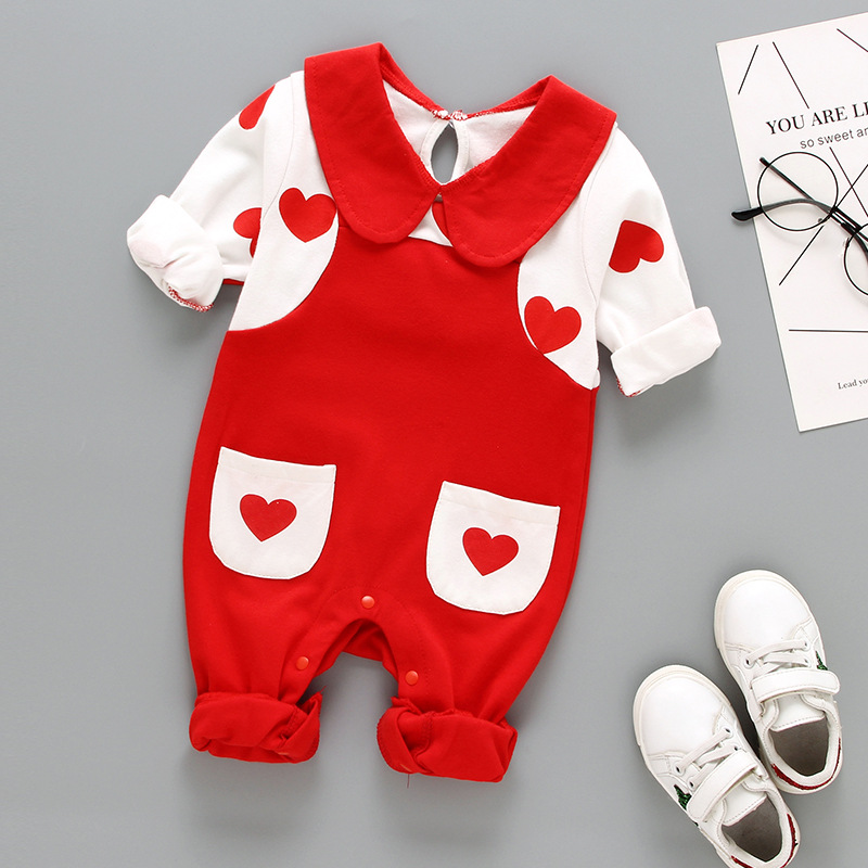 婴儿连体衣春秋红色薄款长袖秋季衣服潮六个月宝宝秋装女宝洋气-图0
