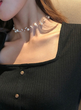 日韩风三层叠戴珍珠颈链