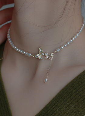 复古轻奢蝴蝶珍珠项链
