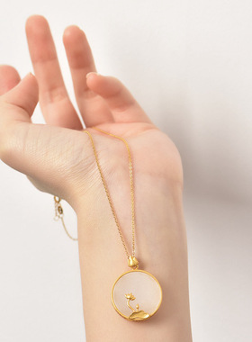 古法银镀金莲花和田玉吊坠项链 925银镶嵌国潮复古风送妈妈生日礼