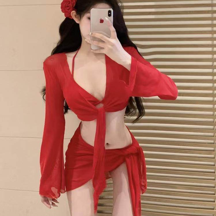 泳衣女款纯欲大红色显白性感辣妹比基尼四件套分体长袖遮肉泡温泉,淘宝优惠券,粉丝福利购,淘宝优惠卷