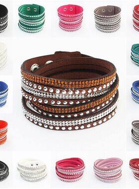 女式长卷绕针织钻石水晶皮手镯