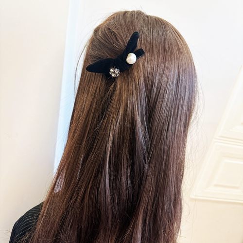 韩国复古丝绒水钻兔耳朵立体鸭嘴夹发夹女气质高级感边夹公主BB夹 - 图0