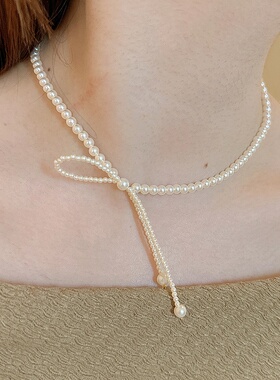 韩版甜美珍珠蝴蝶结锁骨链