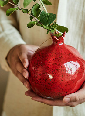 陶美集红色仿真石榴花瓶摆件客厅插花中式家居茶室饰品干插花花器