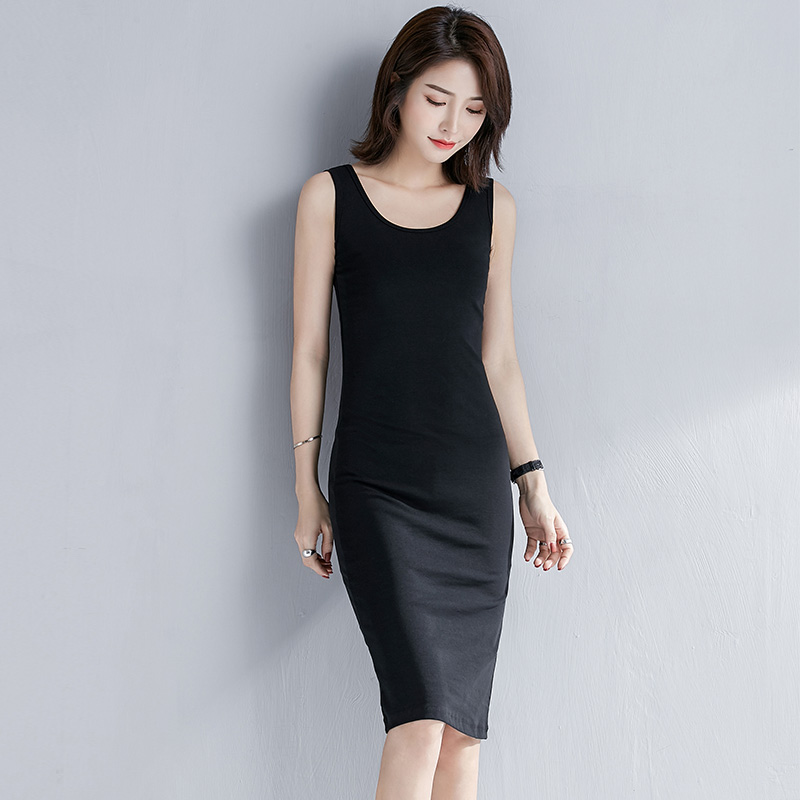 黑色纯棉修身吊带连衣裙女内搭夏季新款无袖气质打底背心裙中长款