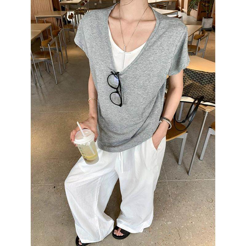 叠穿假两件白色短袖女v领正肩t恤2025夏宽松慵懒半袖体恤通勤上衣,淘宝优惠券,粉丝福利购,淘宝优惠卷