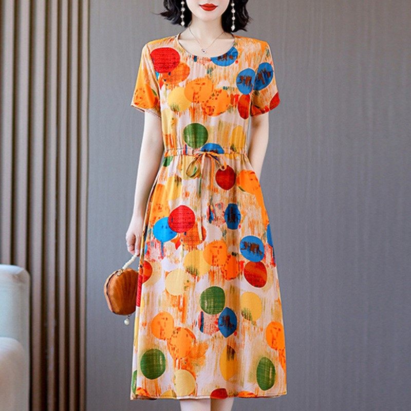 2025新款气质棉绸连衣裙女夏季时尚收腰显瘦中长款人造棉印花裙子,淘宝优惠券,粉丝福利购,淘宝优惠卷