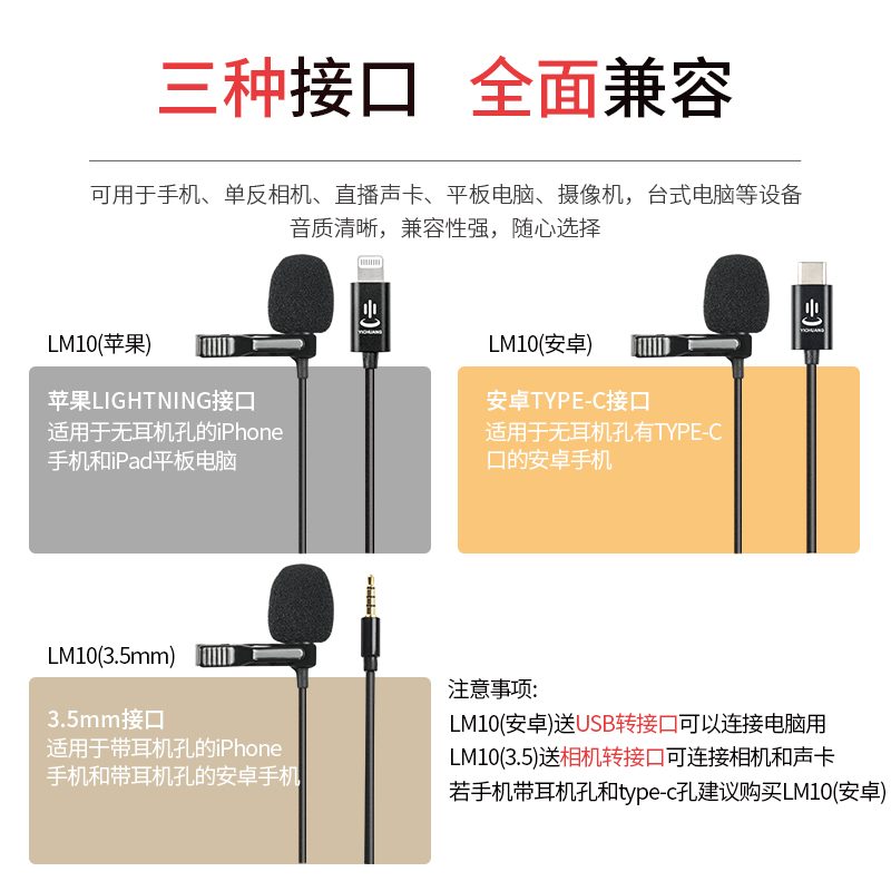 苹果安卓手机领夹式麦克风直播网课吃播话筒相机专业录视频麦克风-图0