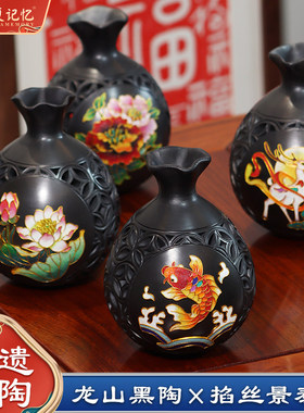 非遗黑陶装饰摆件景泰蓝小钱袋