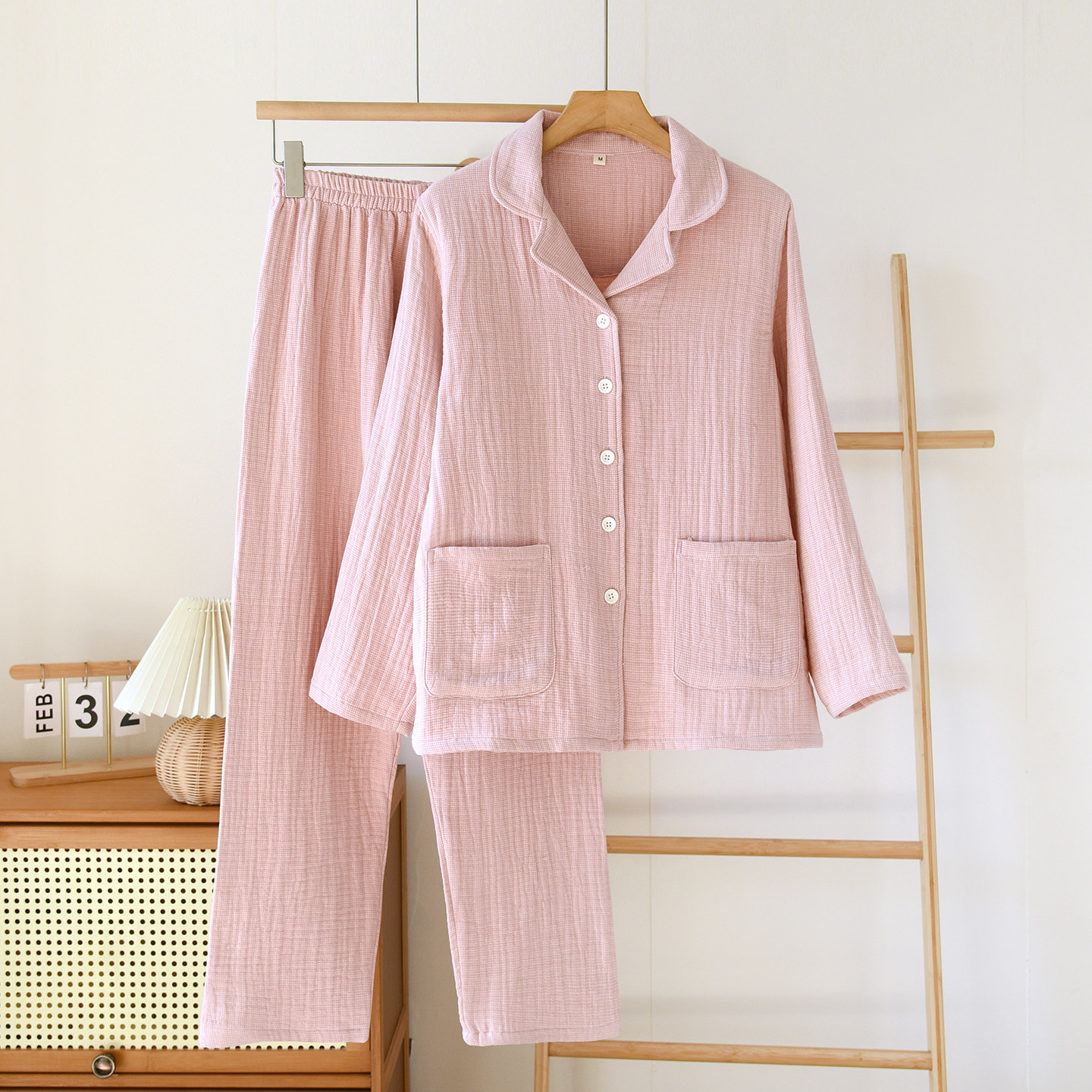 春秋冬季新款色织四层纱睡衣长袖长裤女士包边大码休闲简约家居服,淘宝优惠券,粉丝福利购,淘宝优惠卷