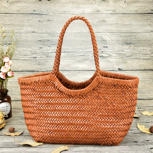 手工牛皮dragon编织包法式小众沙滩包菜篮子包头层真皮度假托特包 - 图1