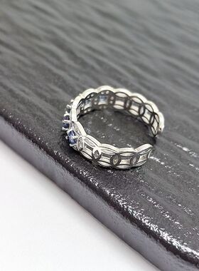 G183# 通体S925纯银镀白金精工镶嵌蓝宝石戒指 裸石3mm*5颗