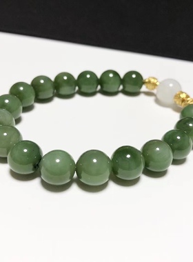 S850# 天然和田玉碧玉猫眼手链 配白玉顶珠 9.5mm 总重25.31克