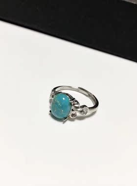 G56# 天然原矿绿松石孔雀蓝戒指9.5*7.5mm S925开口戒托